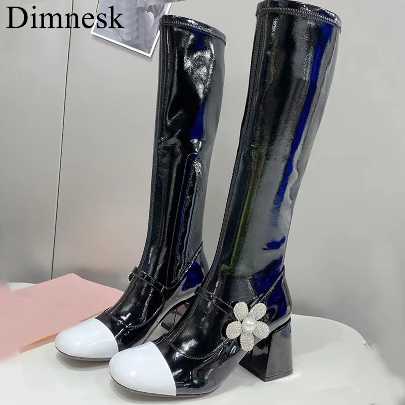 

Runway Chunky High Heel Knee-High Boots Women Shiny Leather Mixed Color Crystal Flower Decor Autumn Shoes Knight Long Boots 2021