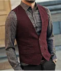 Бордового цвета, тонкие облегающие мужские твидовый жилет Винтаж с узором елочка с v-образным вырезом Повседневное шерстяные костюмы без рукавов для свадебного XS-5XL