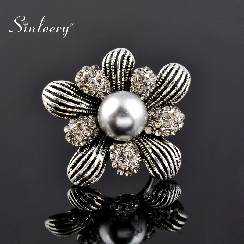 

SINLEERY Vintage Simulated Gray Pearl Big Rings For Women Antique Silver Color Cubic Zirconia Flower Jewelry Anel ZD1 SSH