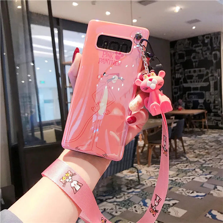 Чехол Sam S10 plus с милой розовой пантерой, мягкий чехол для Samsung Galaxy S8 S9 note8 note9+ игрушка+ ремни