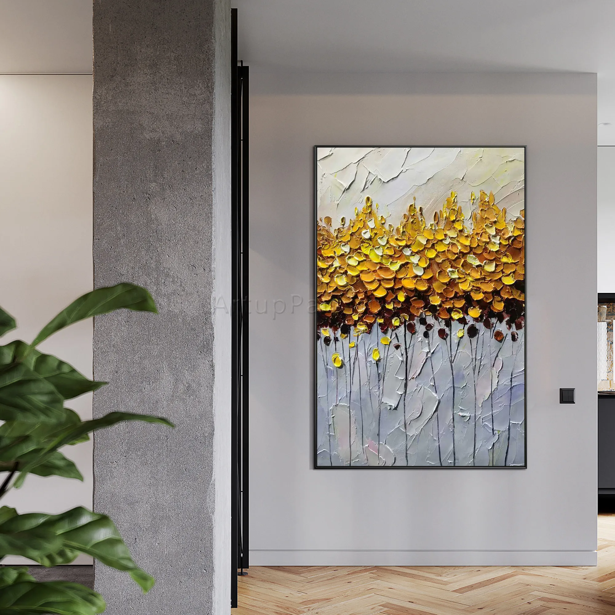 

Large abstract Hand painted gold Wall art acrylic heavy texture flower canvas oil painting Picture for living room home decor