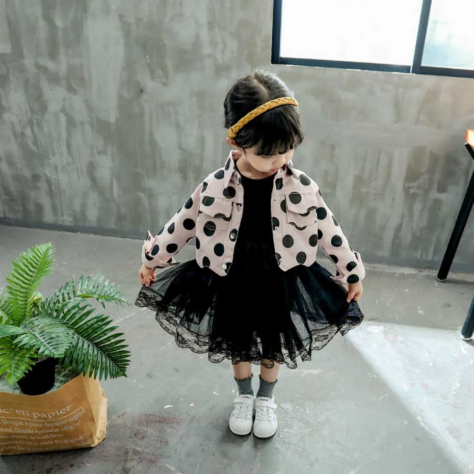 Новинка одежда для маленьких девочек куртка в горошек и платье стиле пэчворк