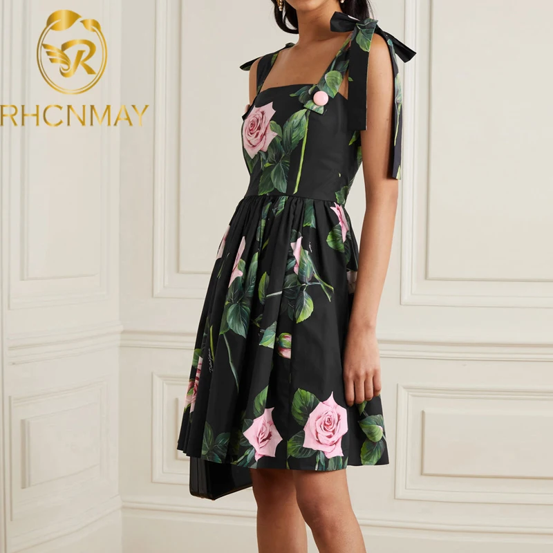 

Runway Summer Fashion Designer Short Dress Women Spaghetti Strap Floral Print Mini Dress Elegant Party A Line Female Dresses