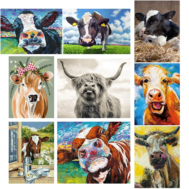 

5d Diy Diamond Painting Cow Animal Full Circle Resin Diamond Embroidery Cow Picture Cross Stitch Rhinestone Home Decoration