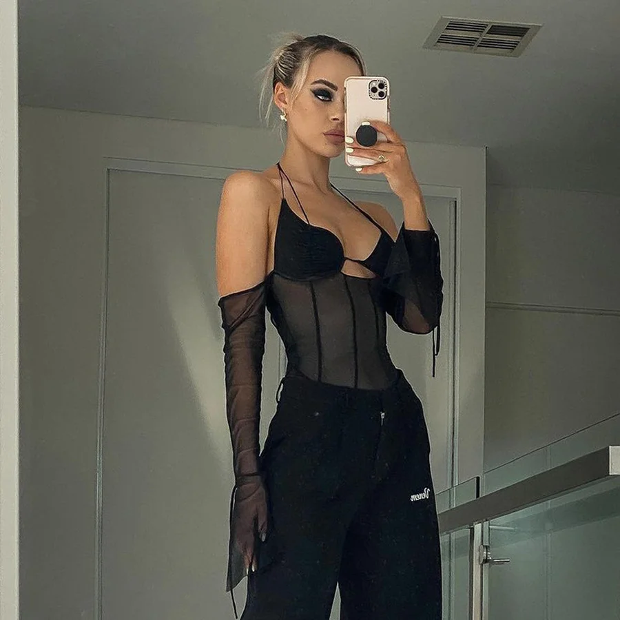 

Fashion Mesh Sexy Strapless Black T-shirt Halter Lace Halter Transparent Slim Top Ladies Party Club Hollow Strap Top