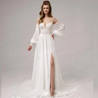 vintage wedding dress boho chiffon sweetheart floor length bridal gown side slit split a line sweep train robe de mariage custom