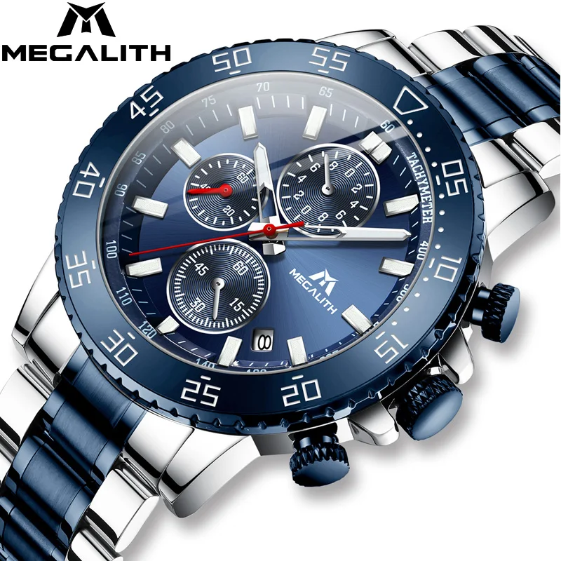 MEGALITH Top Waterproof Sport Wathes Men Stainless Steel Chronograph Date Man Watch Fashion Causal Clock Relojes Hombre 8087 | Наручные