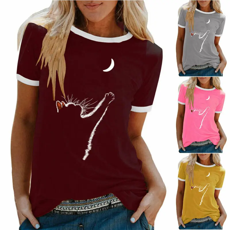 

Women Shirts Cat Print Floral Short Sleeve T-Shirt Summer Women Clothes 2021 Casual Ladies Shirt Plus Size Tops