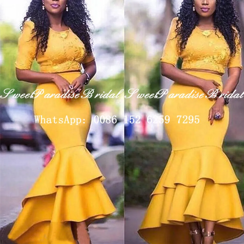 

Two Piece Mermaid Bridesmaid Dresses With Half Sleeves 2020 Gold Yellow Ankle Length Tiered Mermaid Prom Dress Wedding Party