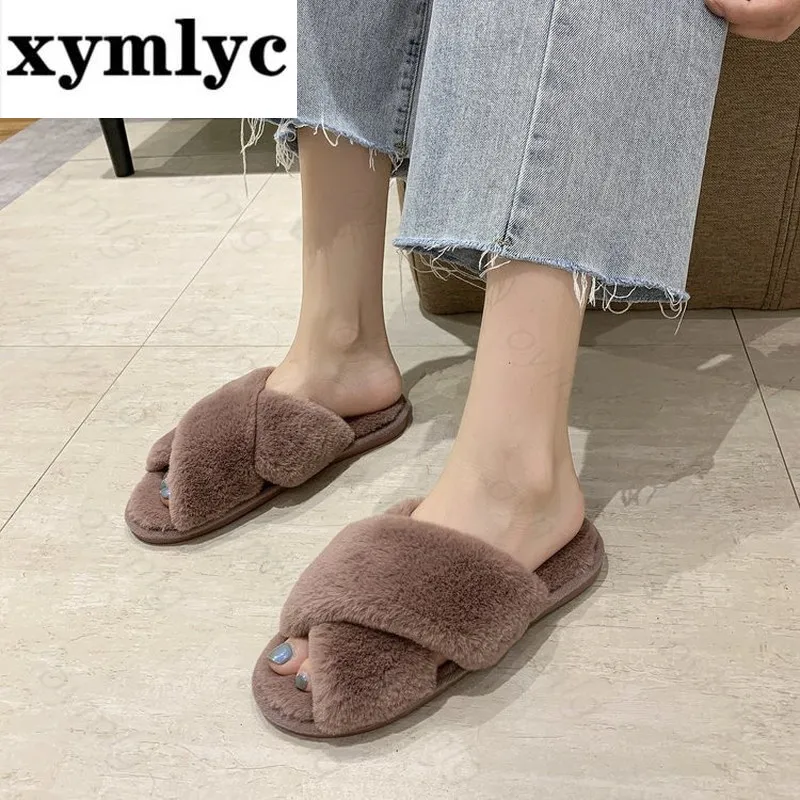 

Winter Women House Slippers Warm Faux Fur Fashion Shoes Woman Slip on Flats Designer Ladies Furry Slippers Female Slides Indoor