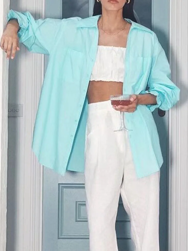 

Женская универсальная рубашка из хлопкового поплина, Повседневная тонкая Свободная рубашка с отложным воротником и длинными рукавами, вес...