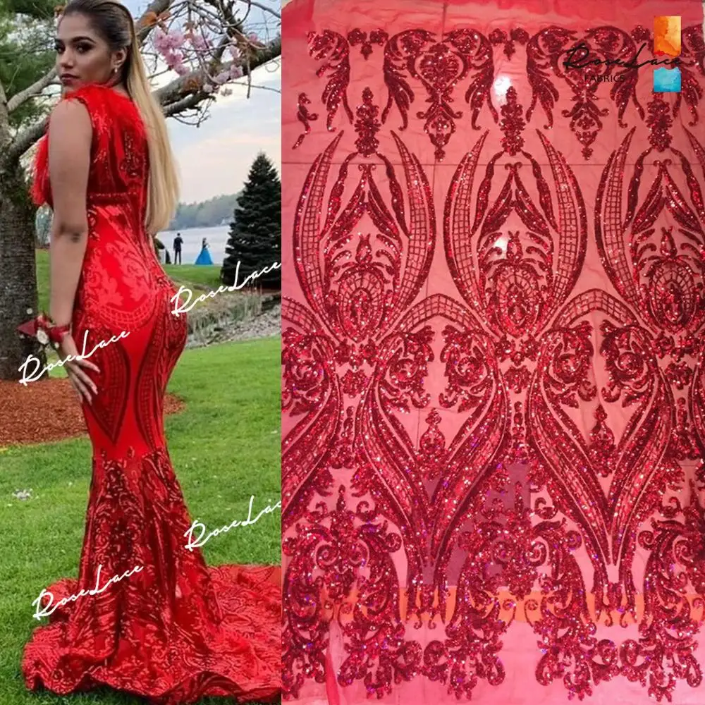 Красные блестки вышитые сетчатые кружевные ткани для индийских женщин вечерние