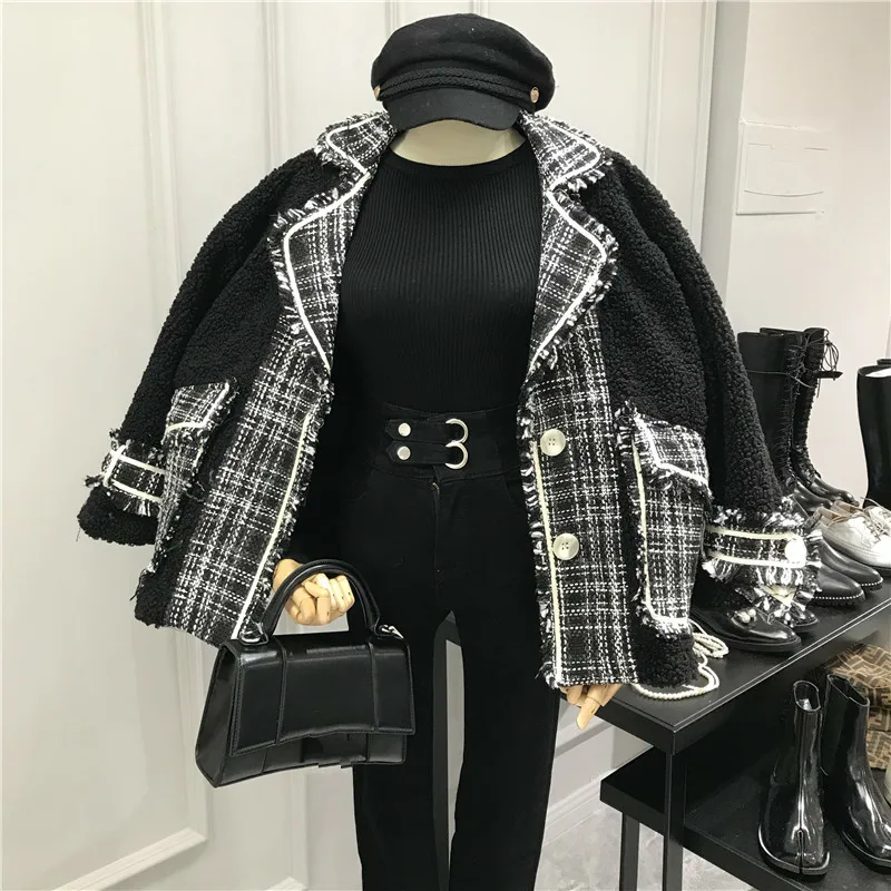 [EWQ] 2019 осень зима новый полный рукав атмосфера грубой шерсти решетки Сплит