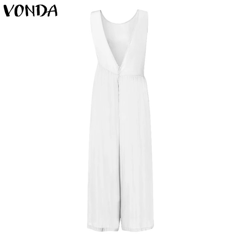 Женские комбинезоны VONDA, летние сексуальные однотонные Свободные Комбинезоны без рукавов, повседневные широкие длинные штаны, брюки
