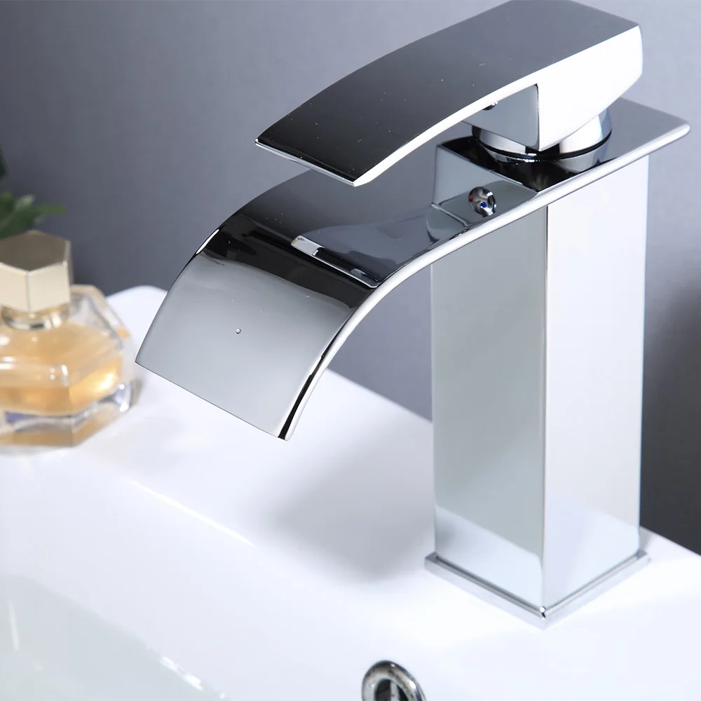 

Modern Bathroom Basin Faucet Waterfall Deck Mounted Cold And Hot Water Mixer Tap Brass Chrome Vanity Vessel Sink Crane