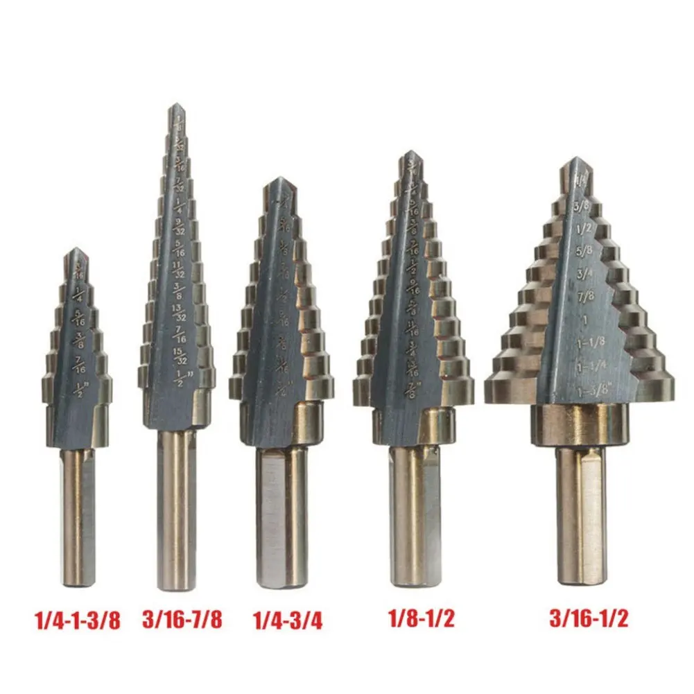 

5PCS/Set Step Drill Bits Groove Step Drill Bit Kit for DIY Woodworking Aluminum Case Metal Drilling Tool Cutter Tool