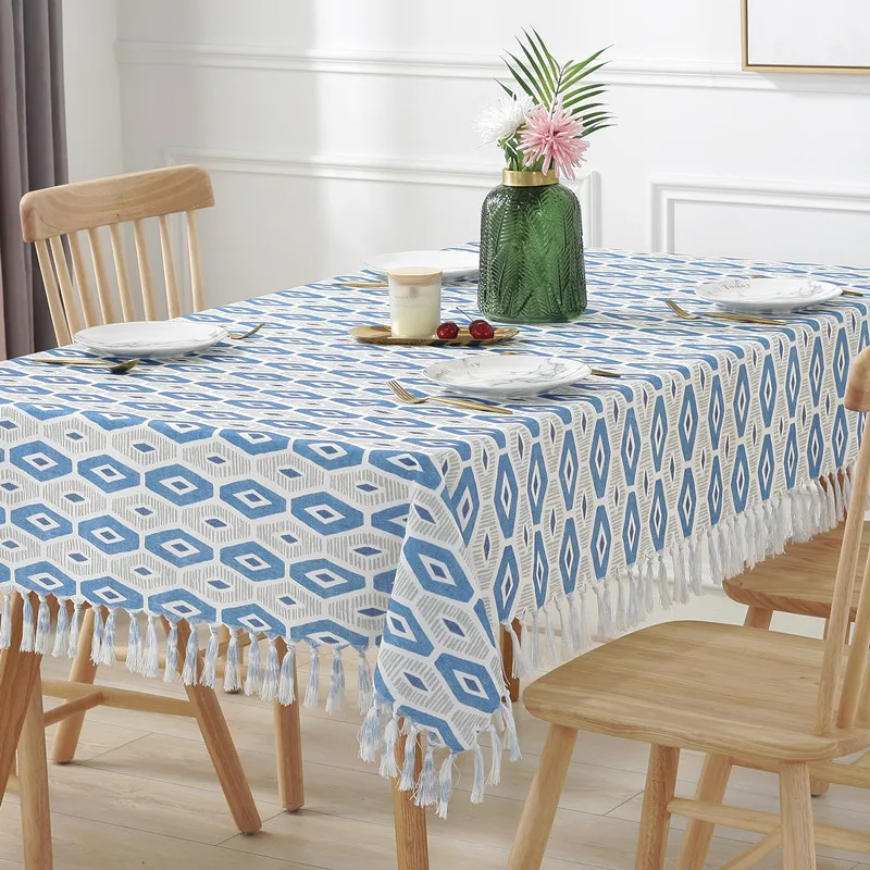 Скатерть из хлопка и льна Современная оранжевая скатерть с рисунком ромба синяя