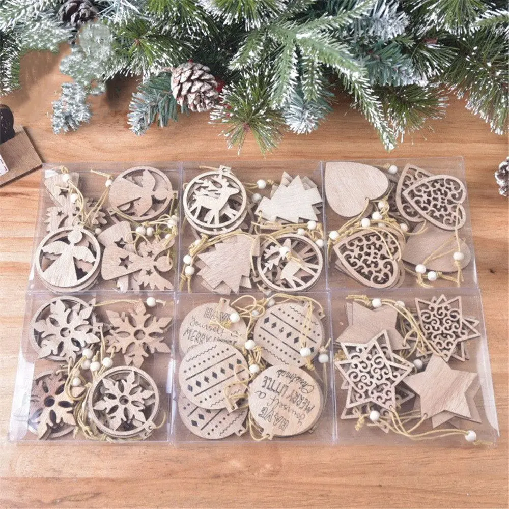 

Home Christmas Decoration DIY Wood Crafts Wooden Christmas Pendant Xmas Tree Hanging 12pcs/box