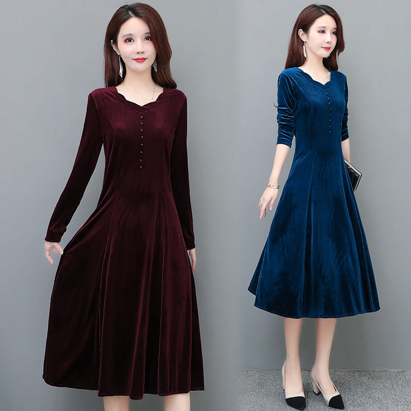 

Plus size 5XL vintage velvet dress women autumn winter casual long-sleeved buttons mothers long dress ladies elegant Party dress