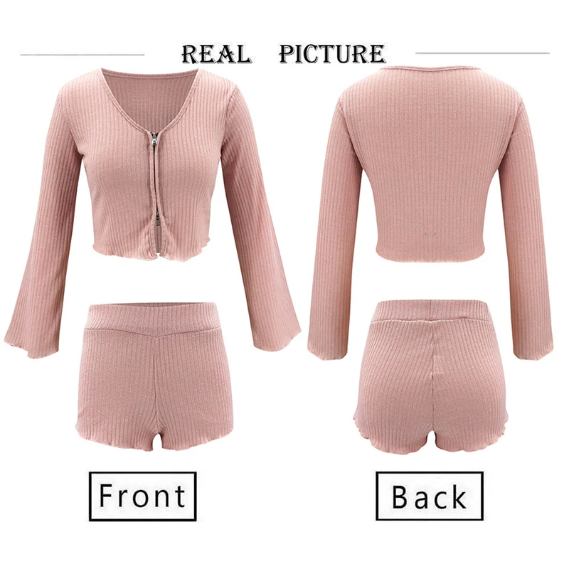 

Women Autumn Pink Knitted Two Piece Set Flare Long Sleeve Double Zipper Crop Top Sweater And Shorts Outfits Home Lounge Wear