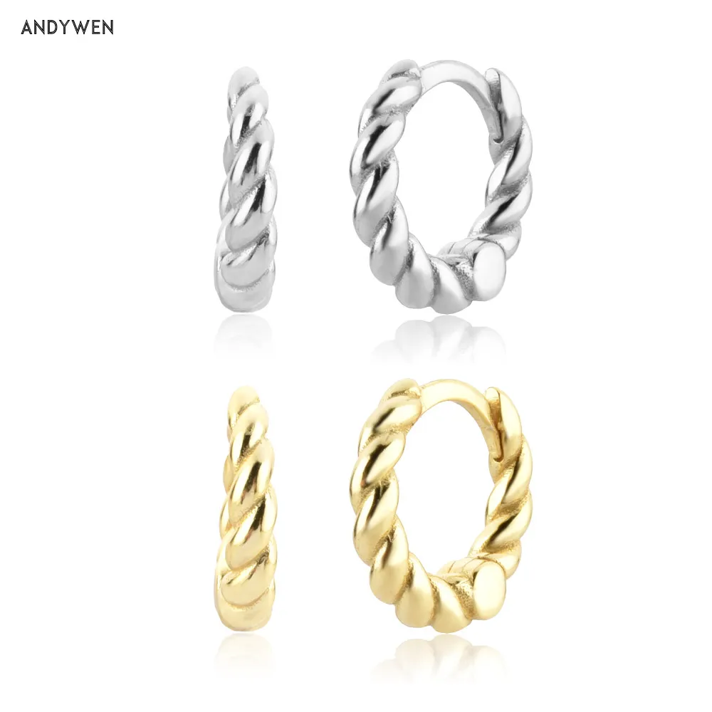 

ANDYWEN 925 Sterling Silver Gold Twist Loops Screw Circle Clasp Hoops Huggies Pendiente Jewellery Piercing Women Wedding Gift