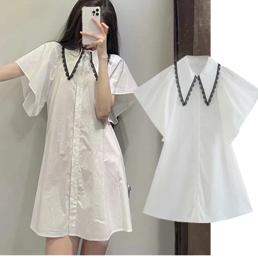 

Elmsk Fashion SimpleSummer Dress Long Shirt Women Vestidos England Style High Street Lace Poplin Loose Party Mini Dress Women