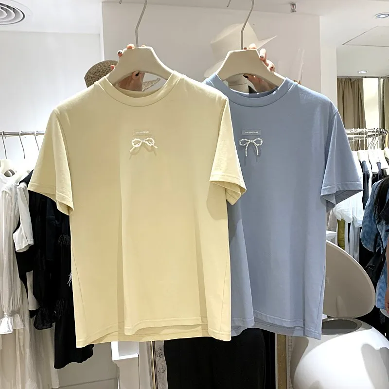 

Short-Sleeved Women Tshirts 2021 Spring and Summer New Style Loose All-Match Round Neck Bowknot Tops for Ladies Cotton Tee