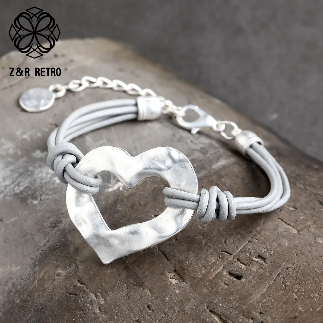 Silver Genuine Leather Heart Bracelets Jewelry For Women Charm New Year Gift 2019 Best Friends Accessories |