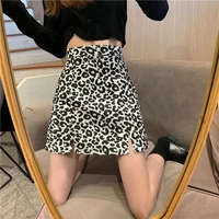 spring 2021 new korean version of the high waist slimming split hip skirt leopard print skirt a line skirt