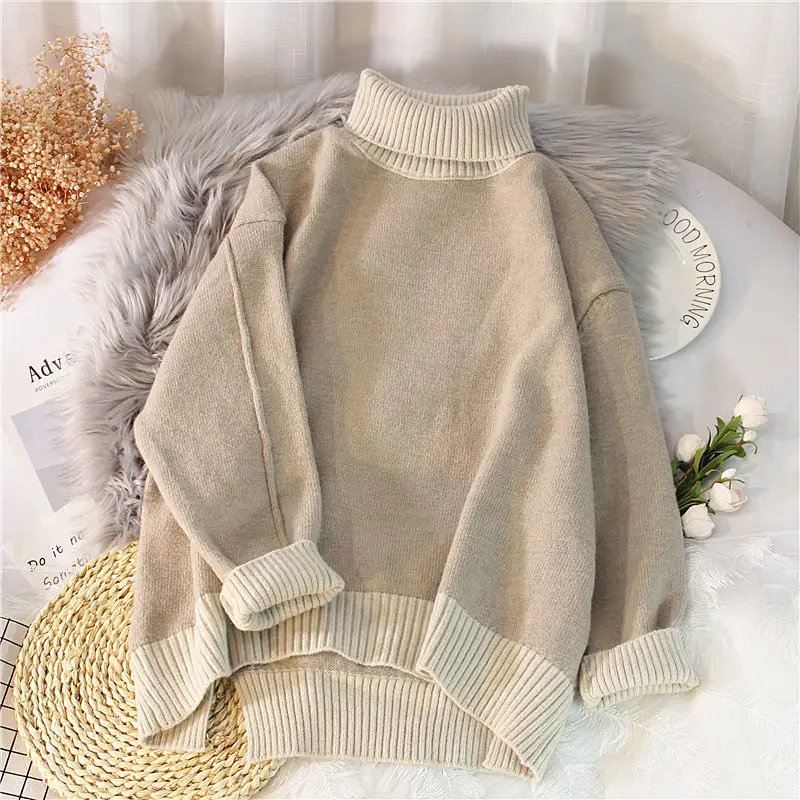 

2021 Autumn Winter Pullover Loose Color Matching Lazy Sweater Turtleneck Small Fresh Sweet Long Sleeve Grey Short Blouse Y273