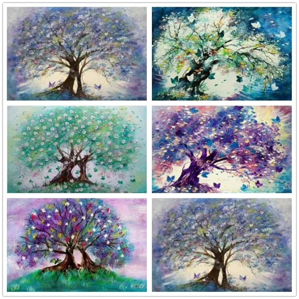 

Diamond Painting Diy 5D European Style Acrylic Material Hand Painted Color Lush Trees Blooming Flowers Pattern Background Living