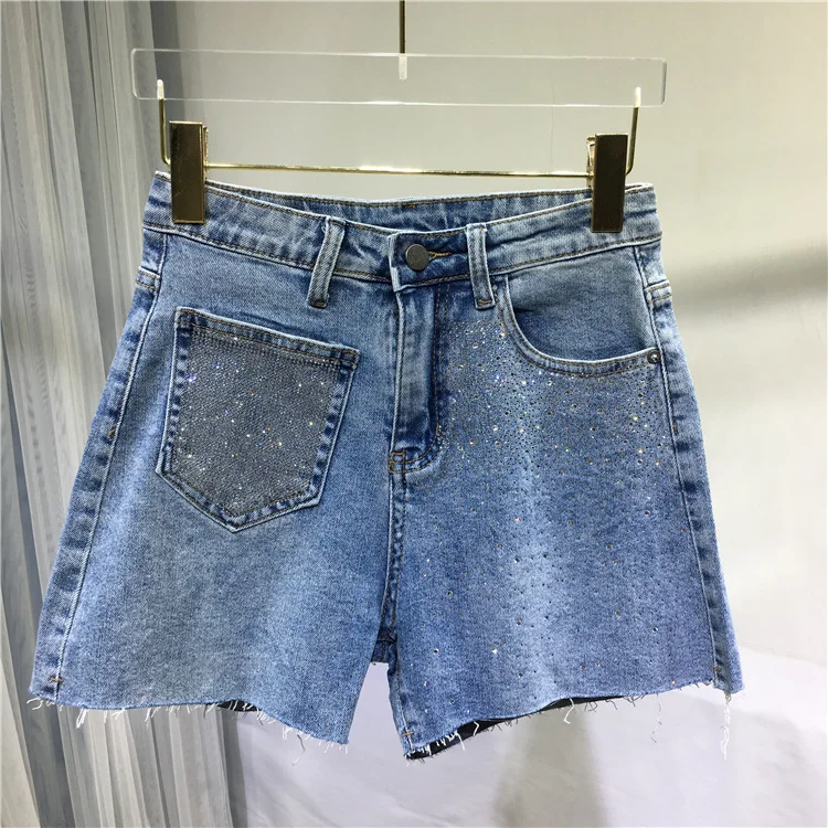 

Thin Rhinestone Stretch Short Jeans Lady 2021 Summer New Fashion Pocket High Waist Blue Short Jeans Denim Shorts Hot Pants Women