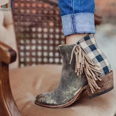 Новые женские ковбойские ботинки с бахромой повседневные замшевые круглым