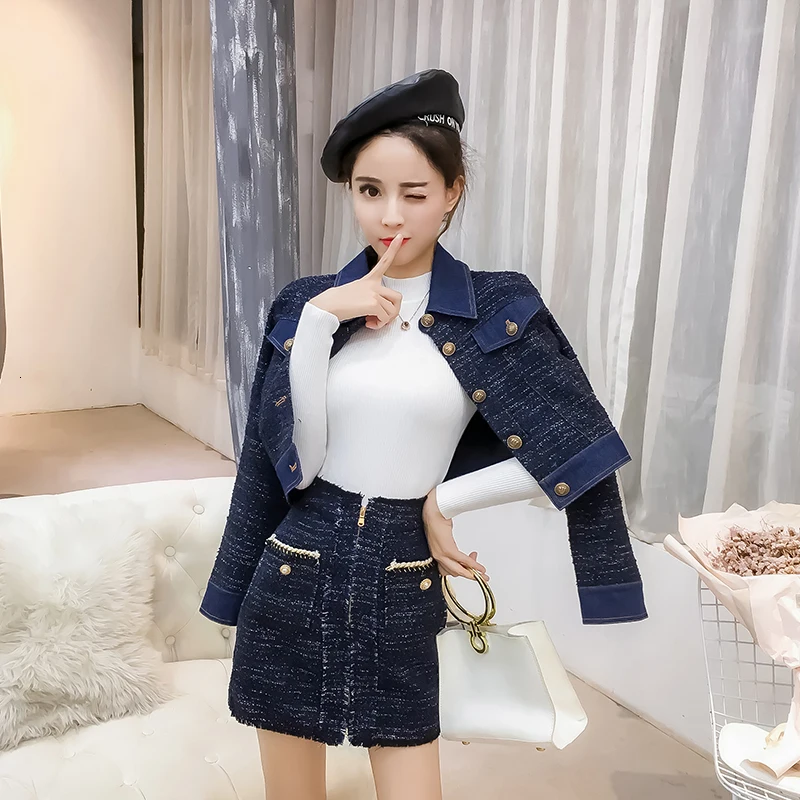 Женский комплект из 2 предметов на осень 2020 модный однобортный твидовый короткий