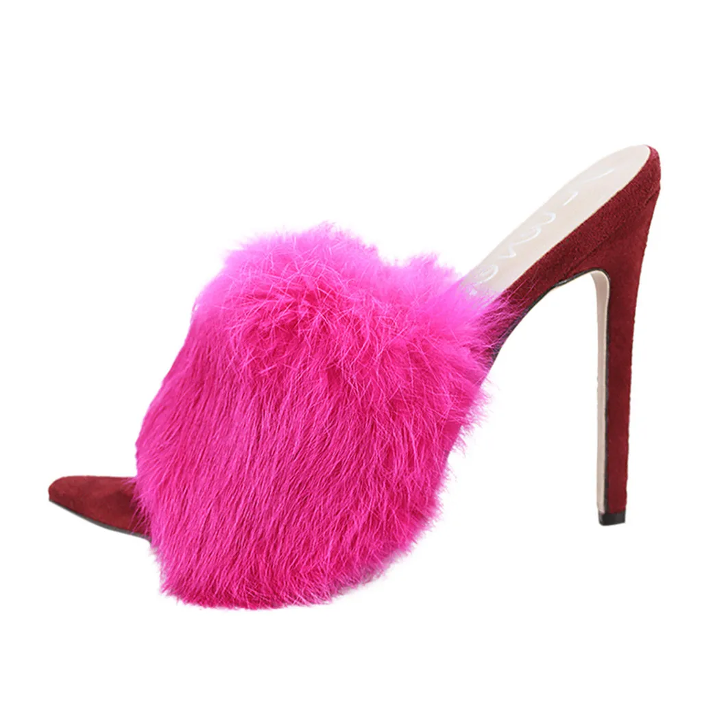 Женские туфли на высоком каблуке пикантные сандалии с кроличьим мехом открытым