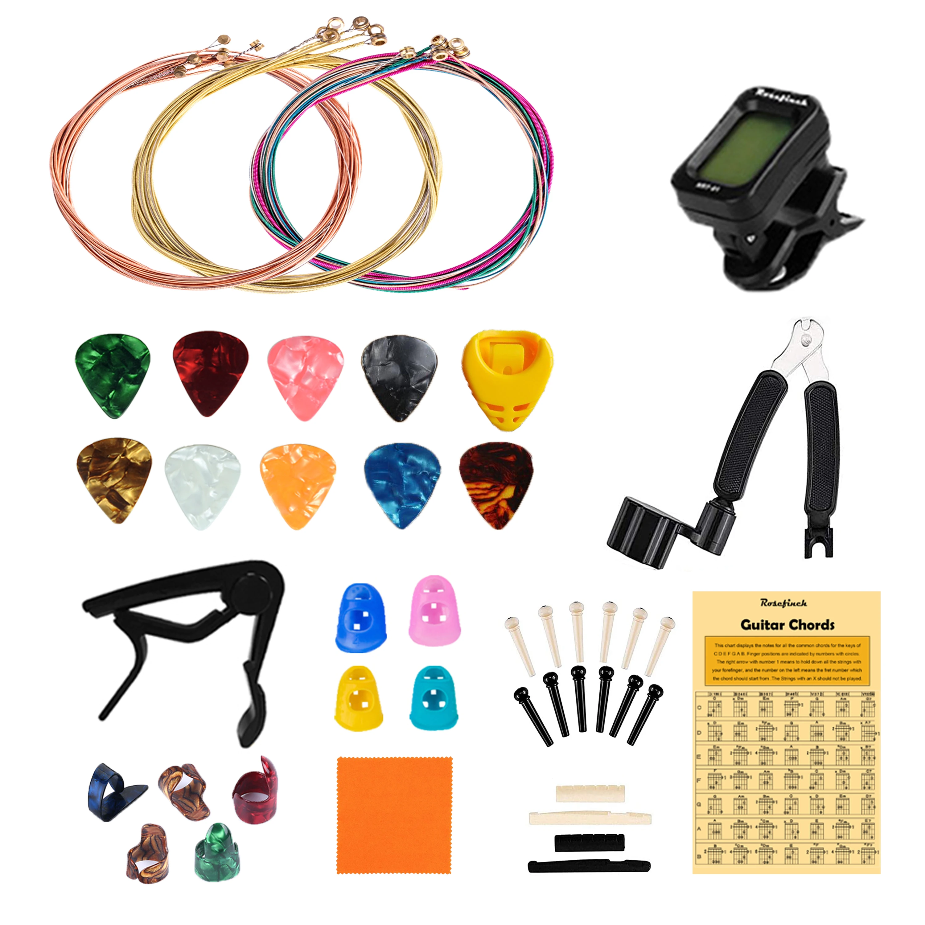 

Rosefinch Guitar Accessories Kit 58 PCS with Strings Tuner Capo String Winder Cutter Bridge Pins Nuts Saddles Chord Chart