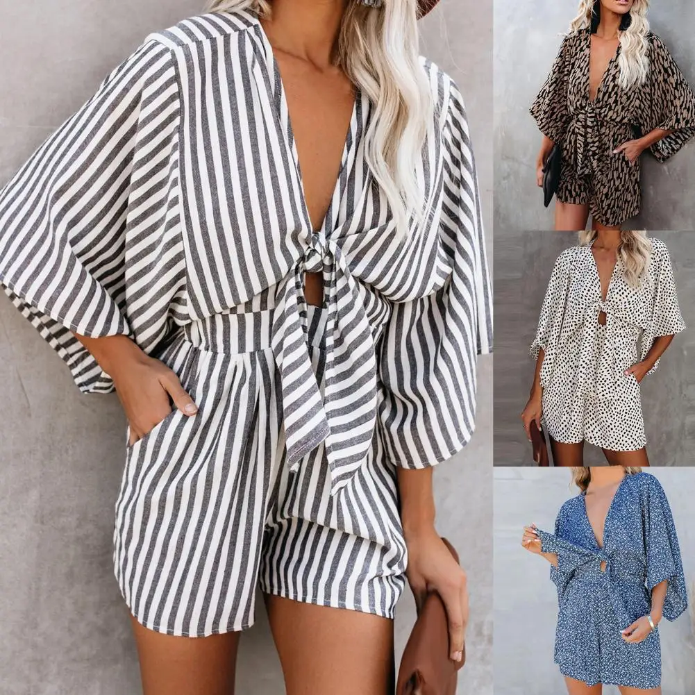 

Fashion Women Jumpsuit Stripe V Neck Fashion Summer Lace-up Pockets Playsuit for Vacation Women Clothing