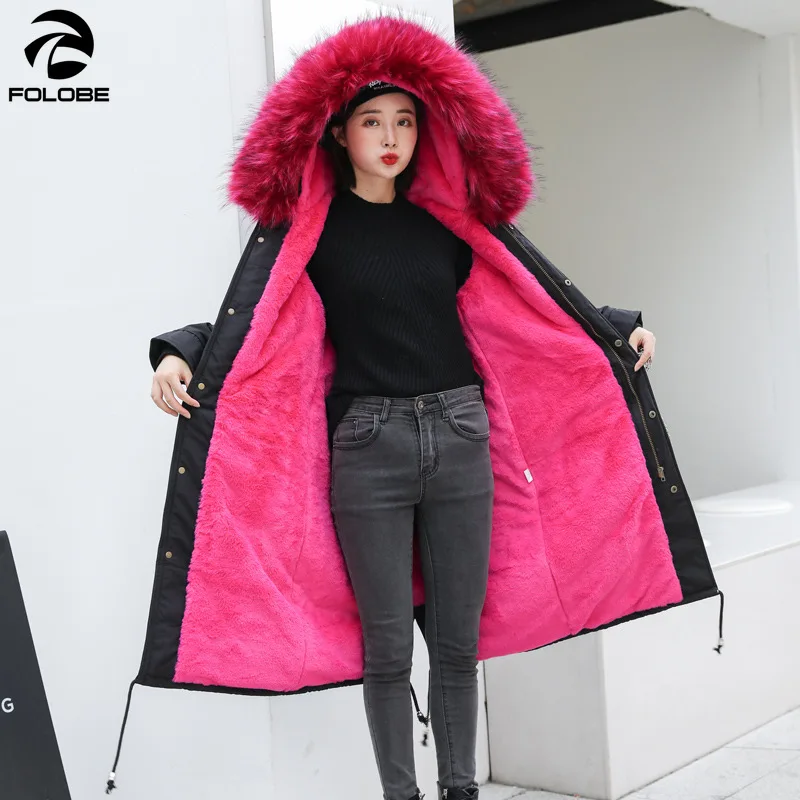 

Winter Jacket Women with Fur hood Fashion Women's Faux Rabbit Fur Lining Hooded Long Coat Parkas Outwear Faux Fur Collar