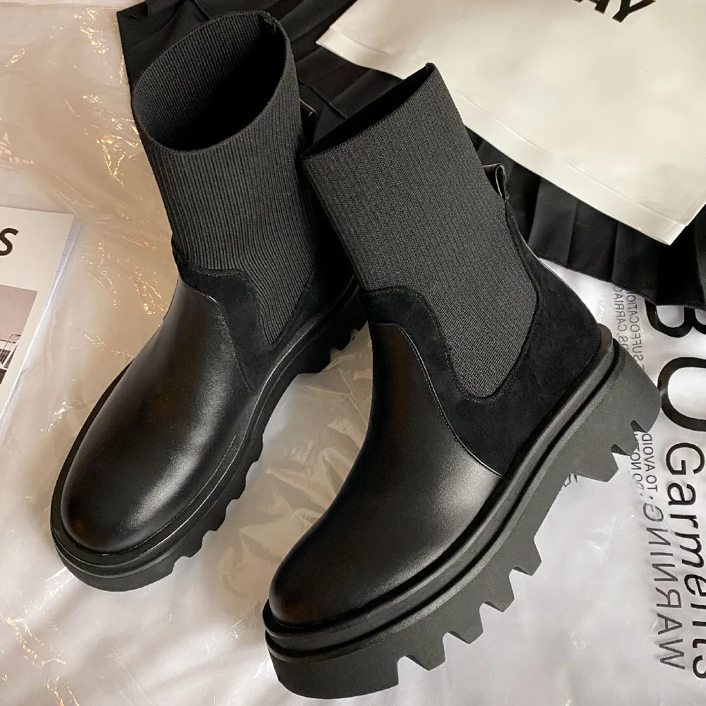 

Women's genuine leather stretch knit patchwork slip-on flats autumn ankle boots round toe tick sole platform flats short booties