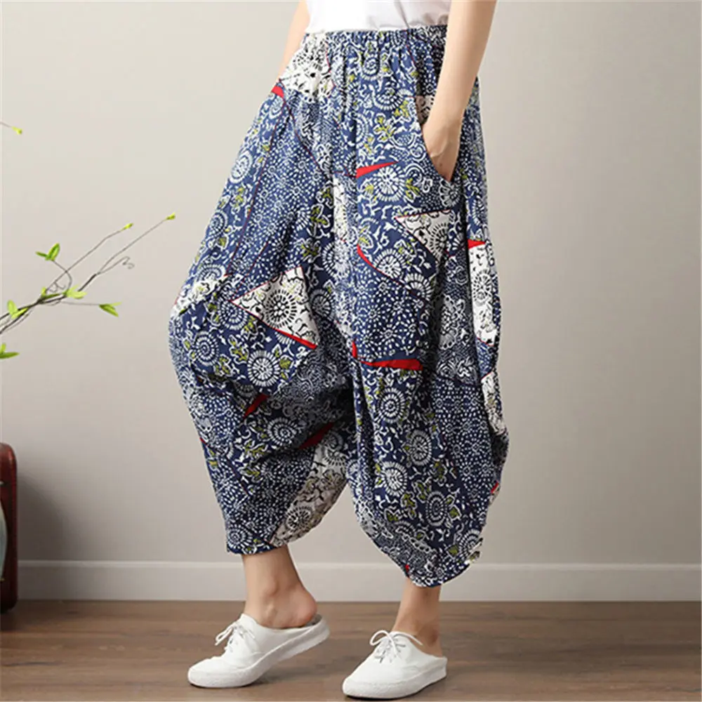 

2021 Sarouel Femme Cotton Boho Wide Leg Pants Ethnic Printting Loose Cropped Trousers Ladies Summer Harem Pants