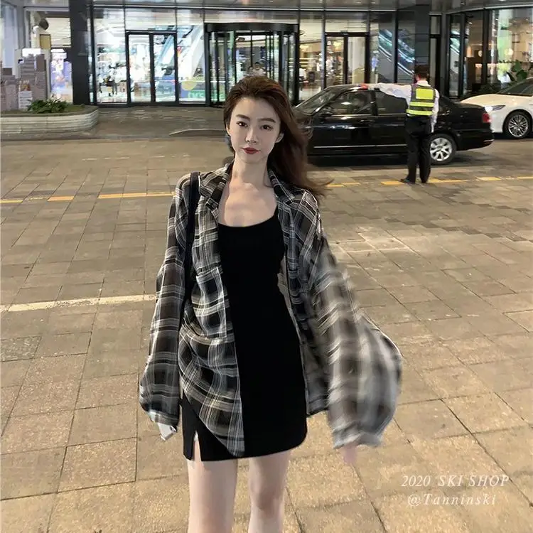 

2021 latest skirt shirt suit Plaid Shirt split suspender dress two piece set