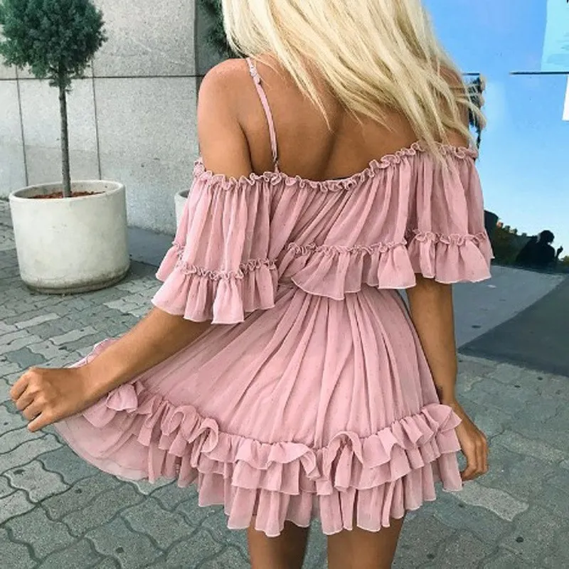 Женское шифоновое платье с открытыми плечами плиссированное короткое