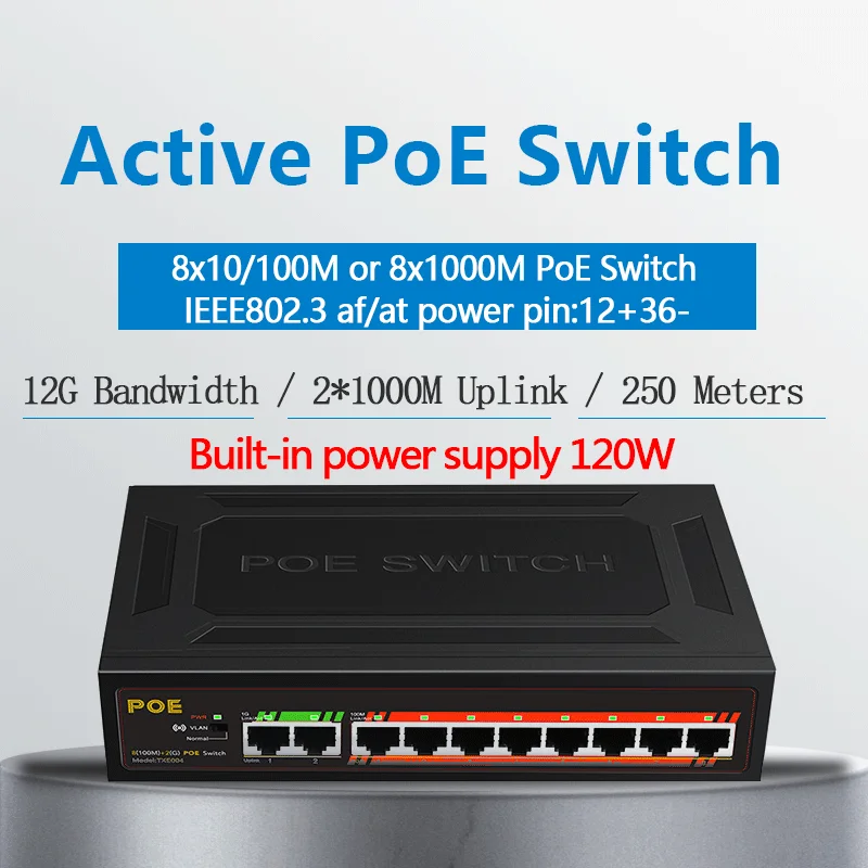 Коммутатор PoE с 8 портами 48 В активный коммутатор IEEE 802 3 ethernet af/at 2 гигабитных uplnk