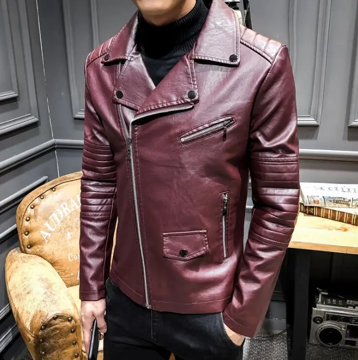 Autumn mens leather jacket slim motorcycle coat men Diagonal zipper pu jackets clothes spring jaqueta de couro street fashion