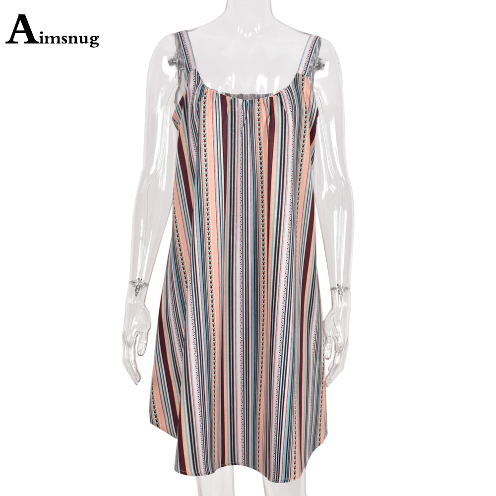 

Aimsnug Women Elegant Knee-Length Dress Vintage Stripe Print Summer Beach Dress 2021 Ladies Bohemian Loose Strappy Dresses Femme
