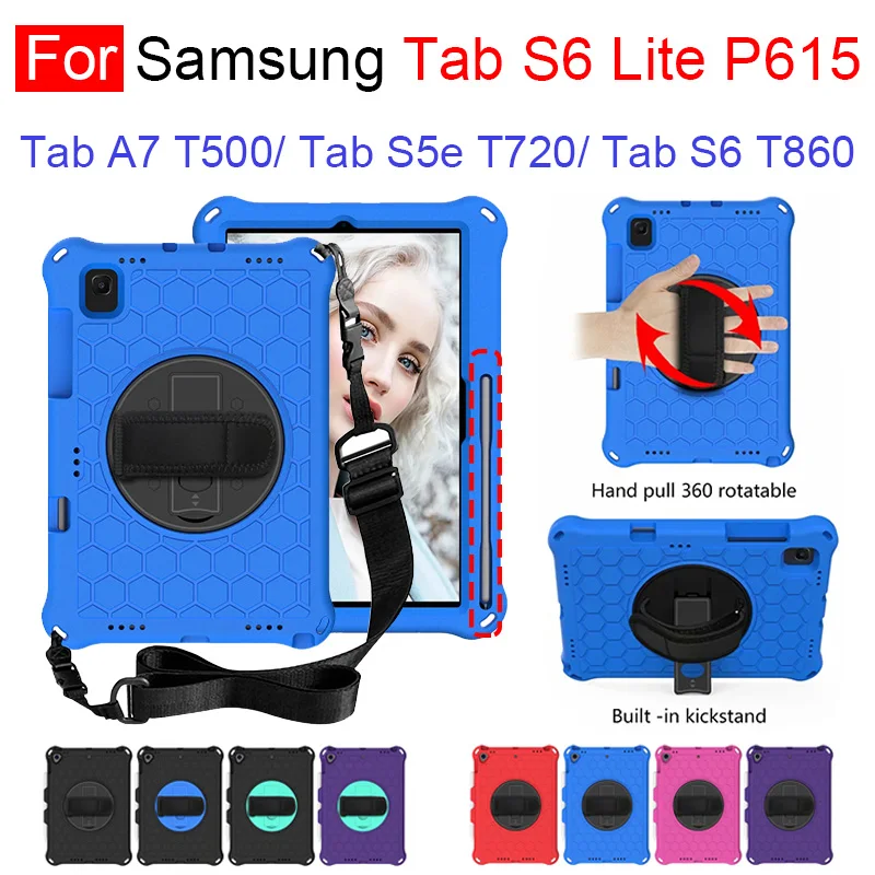 

For Samsung Tab S6Lite P610 P615 Tab A7 T500 T505 S5E T720 S6 T860 T865 EVA Kids Safe Shockproof Rotate Hand Strap Stand Case