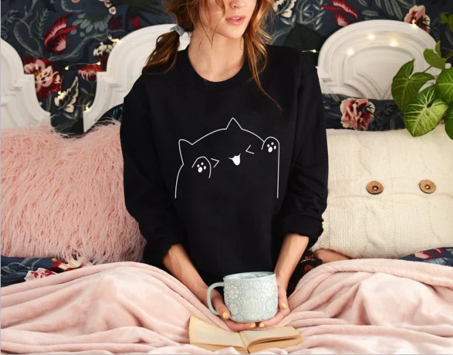 

Harajuku милый кот женская футболка с круглым вырезом из хлопка с длинным рукавом и надписью «Mama's Boy», Толстовка-пуловер для мамы и капюшоном; Се...