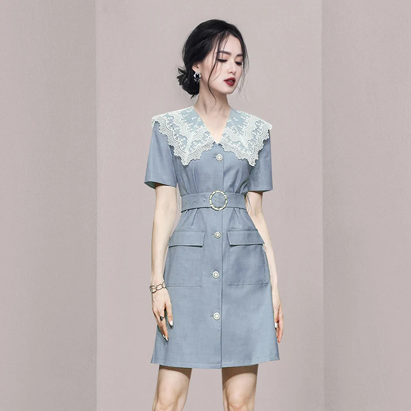

Temperament OL Women 2021 Summer Short Sleeve New Lace Trim V Neck Single-Breasted Patchwork Slim Office Sheath Blazer Dresses