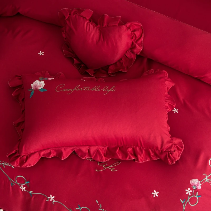 

Red Washed Silky Flower Embroidery Girl Bedding Set Double Ruffle Duvet Cover Set Bed Linen Fitted Sheet Pillowcase Home Textile