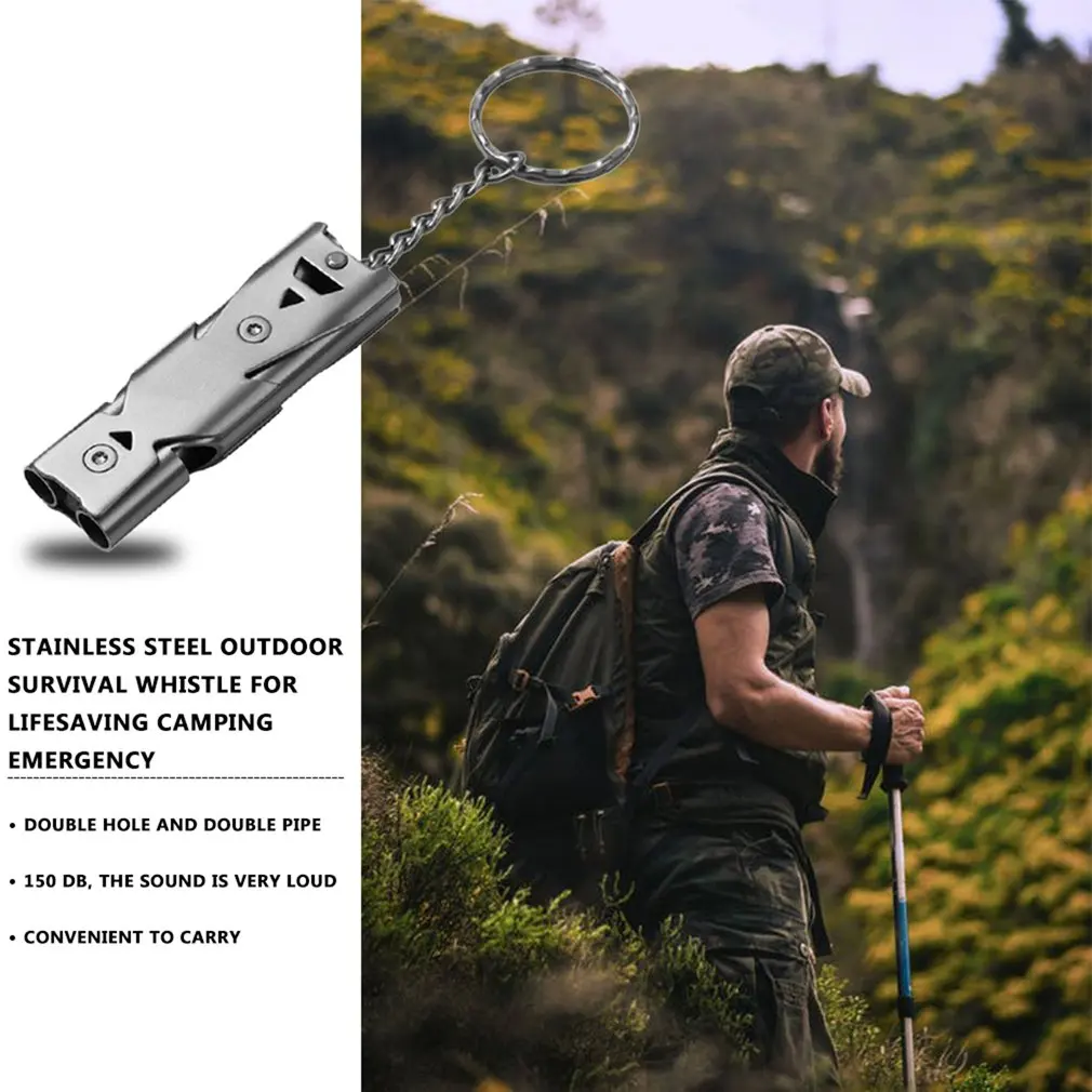 150db Double Pipe Whistle High Decibel Stainless Steel Outdoor Emergency Survival Keychain Cheerleading |